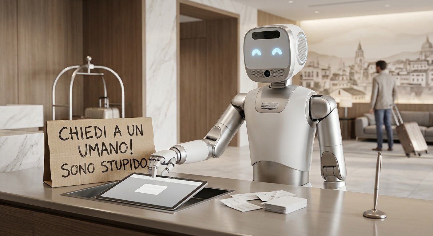 Un robot in una hall alberghiera interagisce con un tablet affiancato da un cartello ironico con la scritta Chiedi a un umano sono stupido